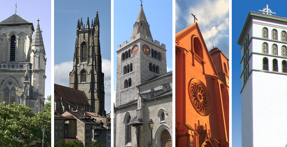 Photo: la Basilique de Genève, la cathédrale de Fribourg, la cathédrale de Sion, la basilique de Neuchâtel et la basilique de Lausanne (Montage: cath.ch)